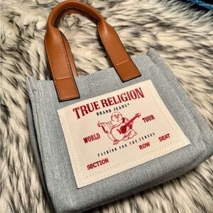 True Religion Denim Tote with Tan Handles & Strap Included